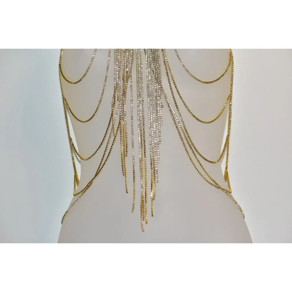 Vintage Body Necklace Top Wrap Rhinestone Crystal Gold Tone Fringe Chain Belt